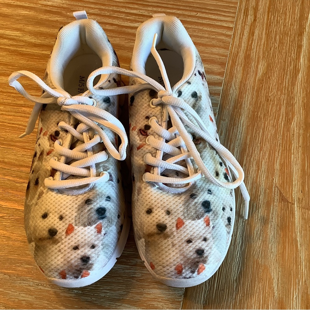 White Women's Lace-Up Sneakers with Dog Print SZ 7